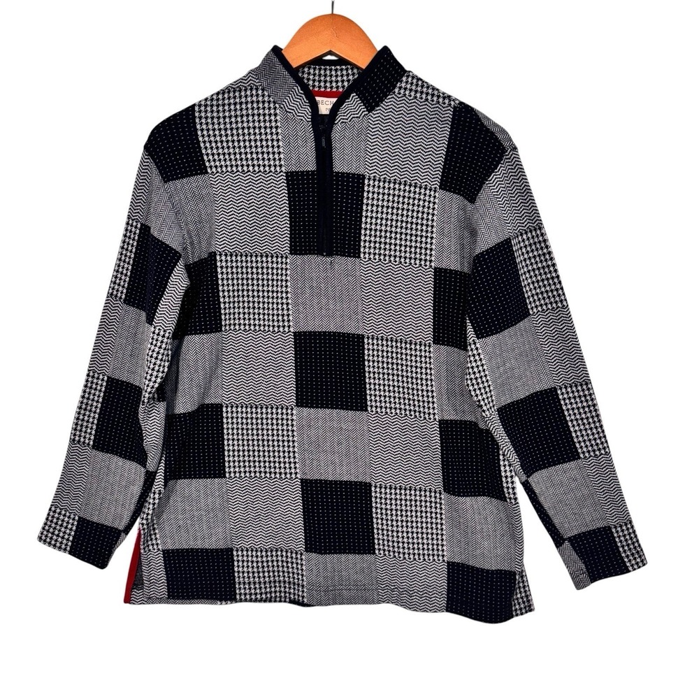 Bechamel Top Women PM Black White Patchwork 1/4 Zip Cotton Petite Medium Sweater